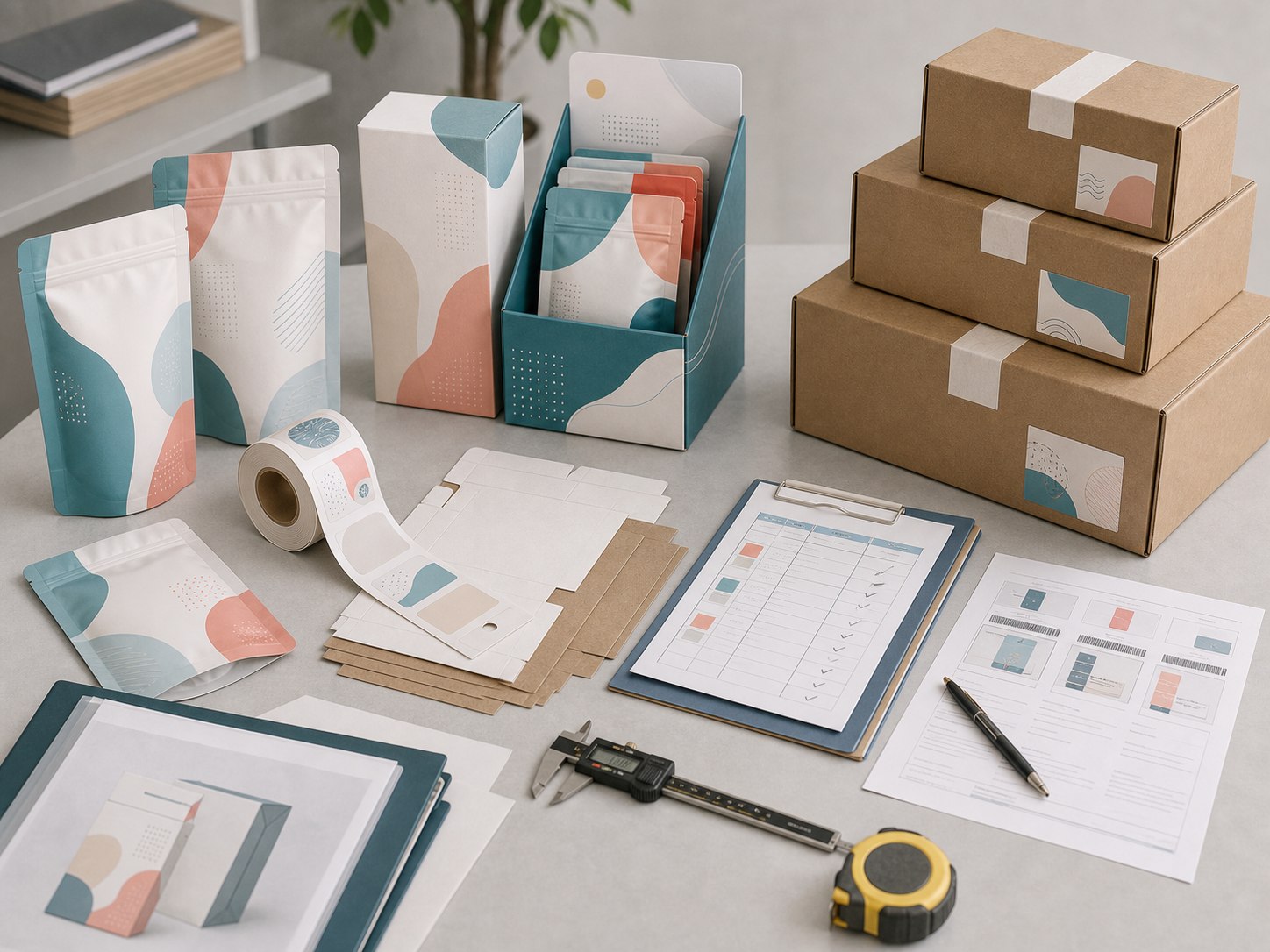 Packaging samples, export cartons, label rolls, and QC documents arranged for repeat production workflow