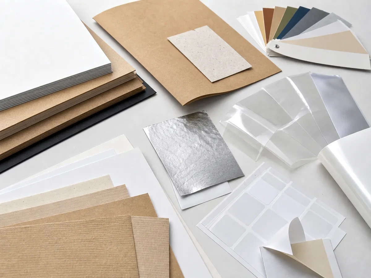 Paper, laminate film, foil, and label material samples arranged for packaging material selection