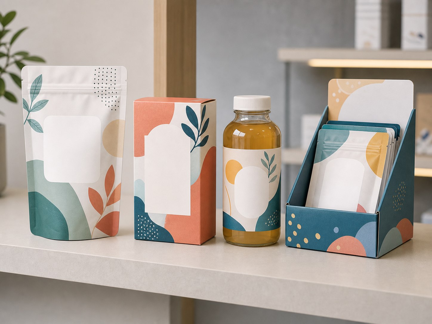 Packaging format choices with pouches, cartons, labels, and display packaging samples