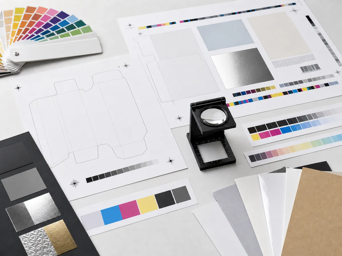 Packaging artwork proofs, color swatches, registration marks, and print test samples arranged for artwork preparation