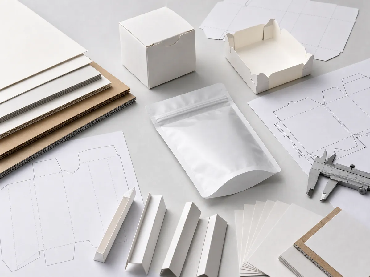 Packaging dielines, fold samples, inserts, and pouch structure prototypes arranged for structure selection