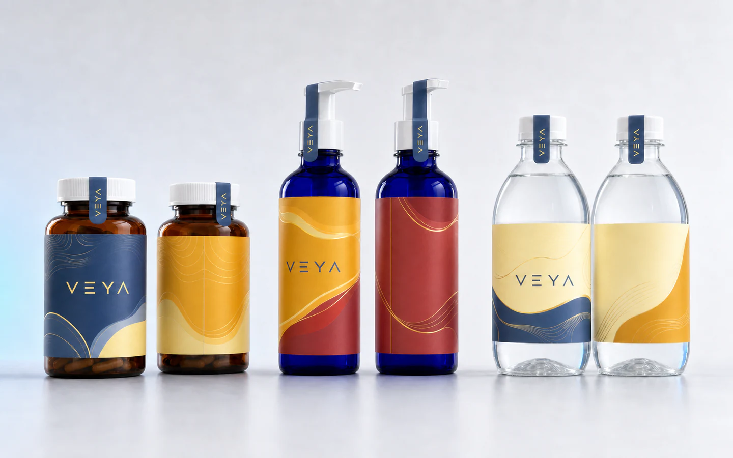 VEYA bottle labels rotated to show front, side seam, and wraparound coverage