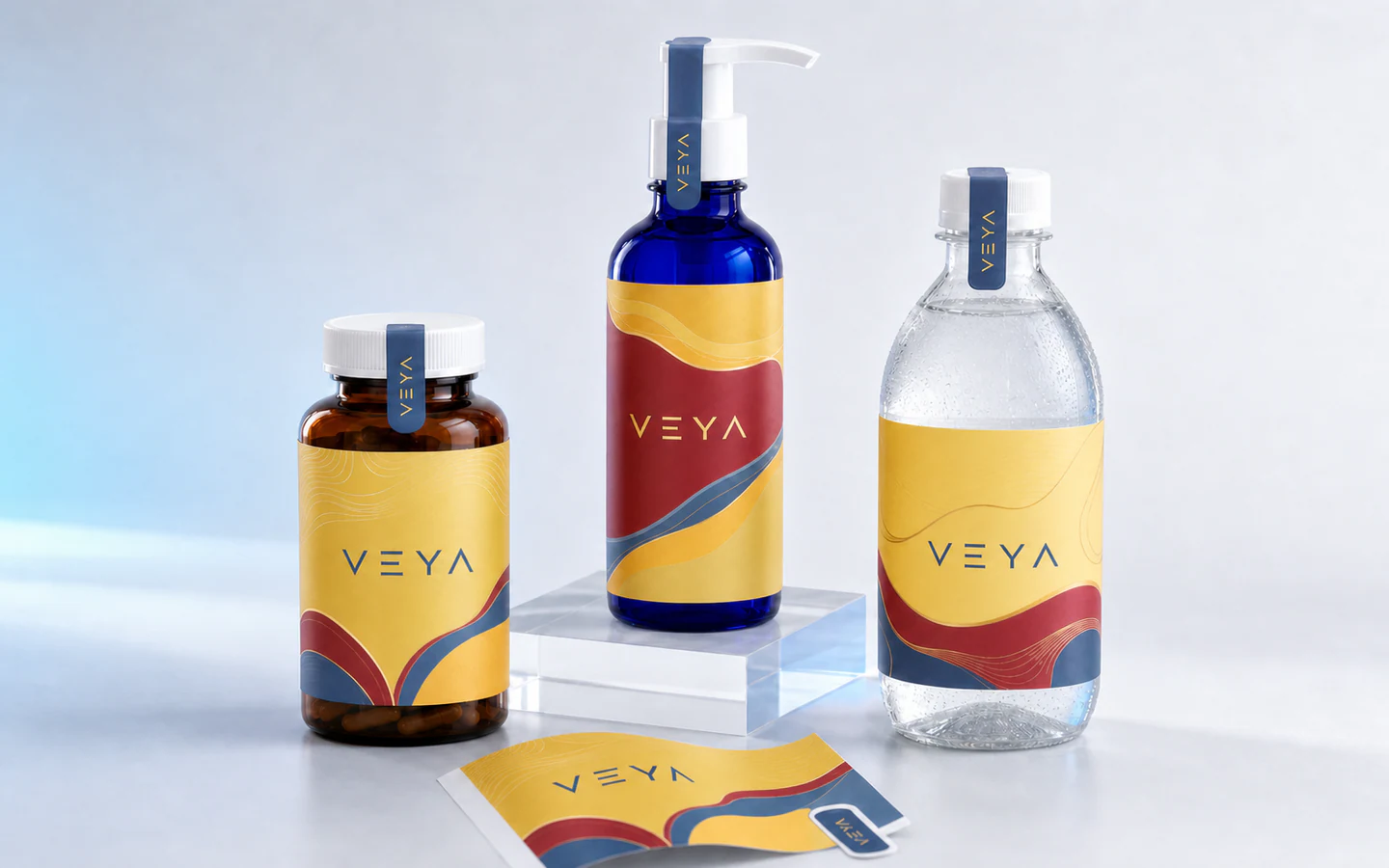 Coordinated bottle labels shown on supplement, skincare, and beverage containers