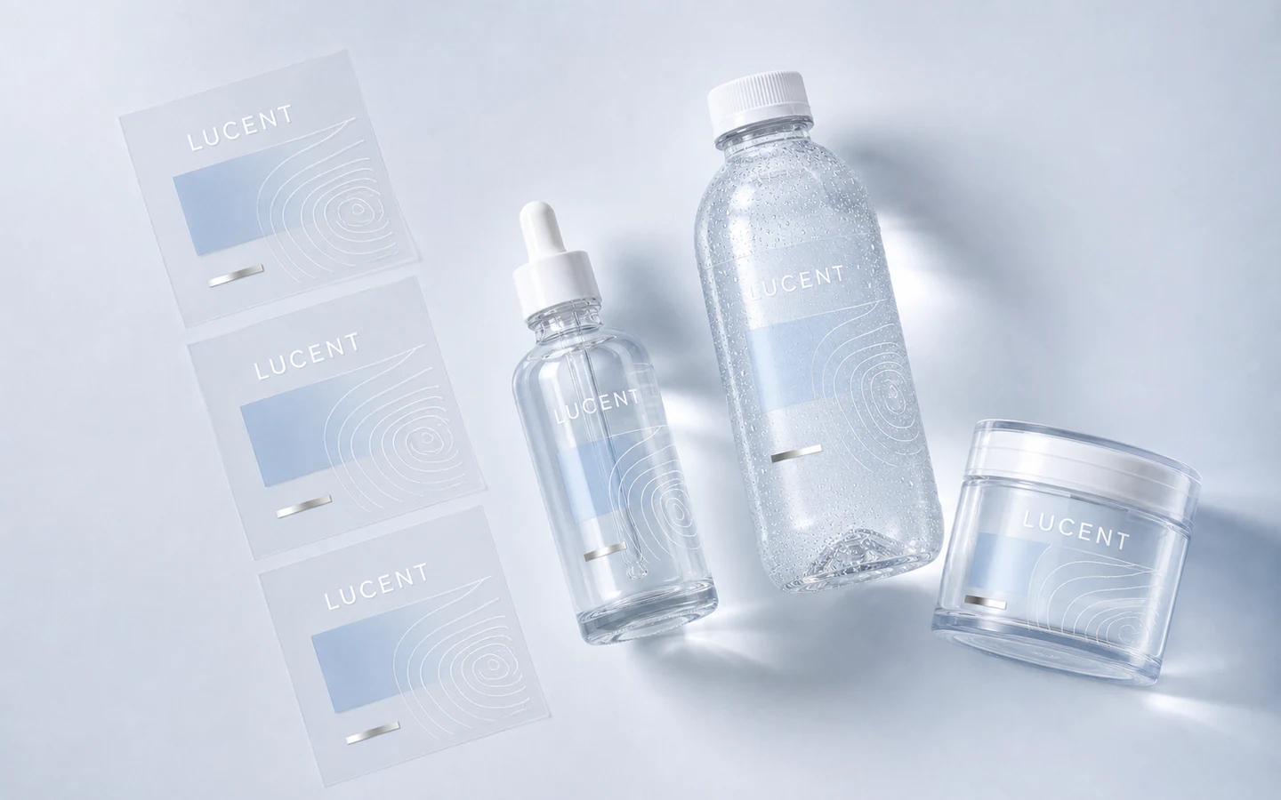 LUCENT transparent labels and clear containers shown from above