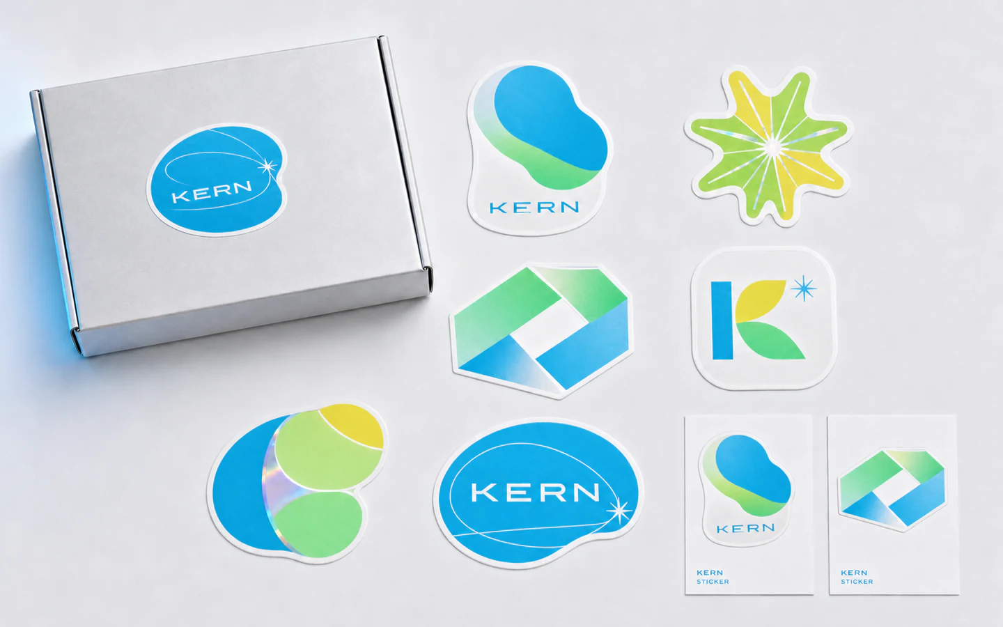 KERN custom-shaped stickers arranged with a premium mailer box