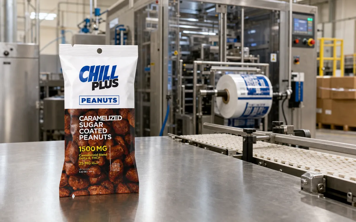 Caramelized peanut fin seal pouch beside an automated packaging line