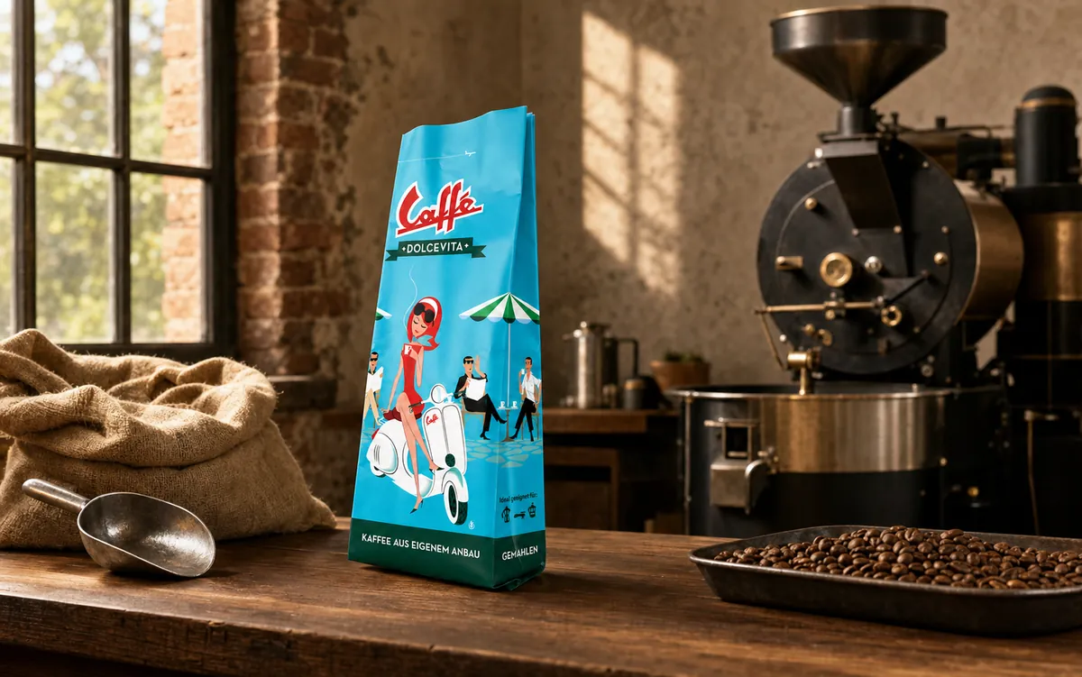 Printed gusset coffee bag showing the front and right side gusset in a coffee roastery
