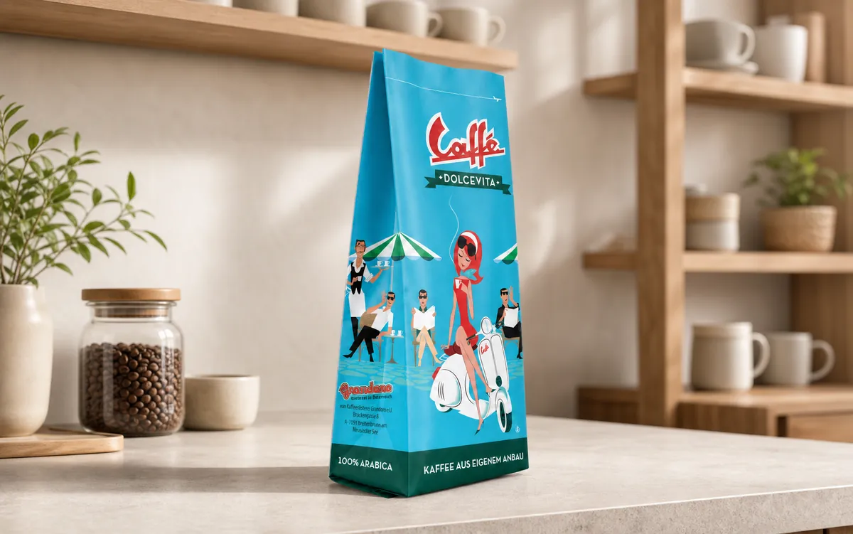 Printed gusset coffee bag showing the front and left side gusset in a retail cafe display