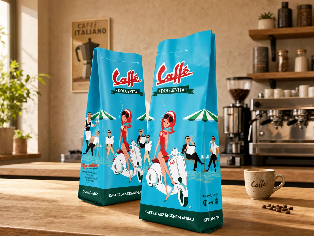 Two printed gusset coffee bags showing opposite side gusset structures on a cafe counter