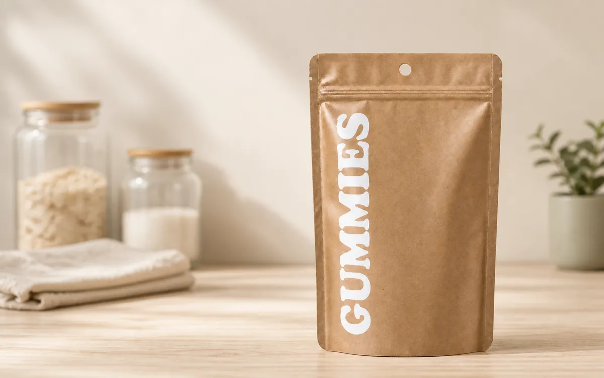 Kraft paper pouch in a warm natural pantry setting