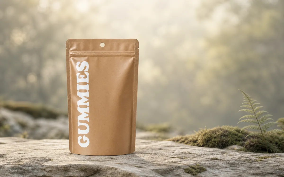 Kraft paper pouch displayed in a quiet woodland setting