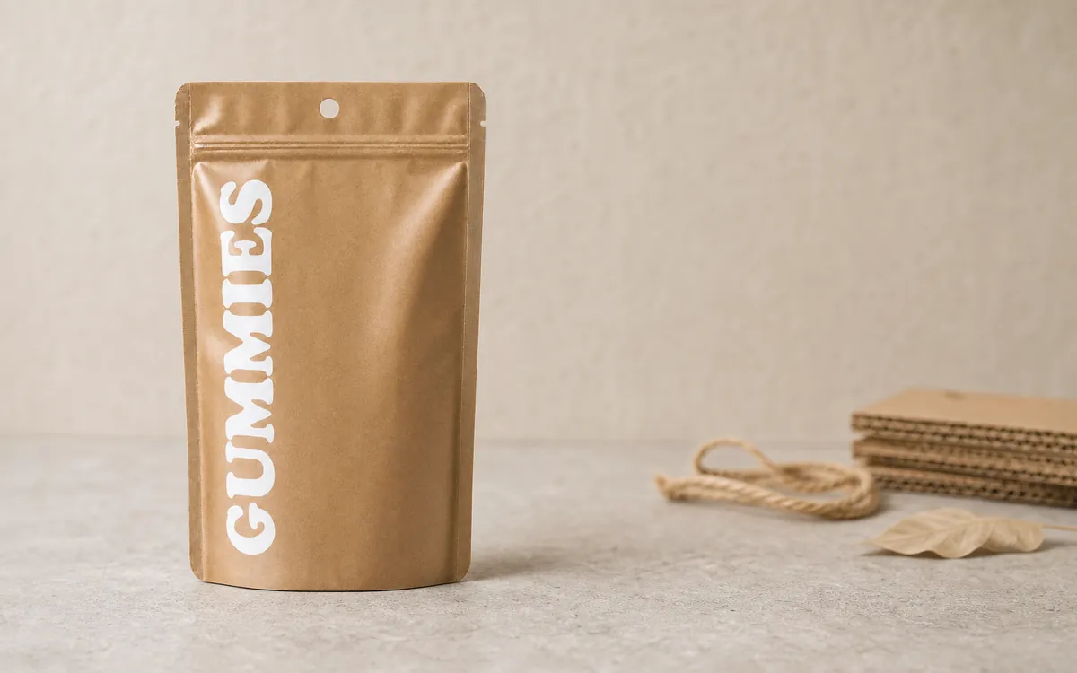 Kraft paper pouch beside understated recycled material samples
