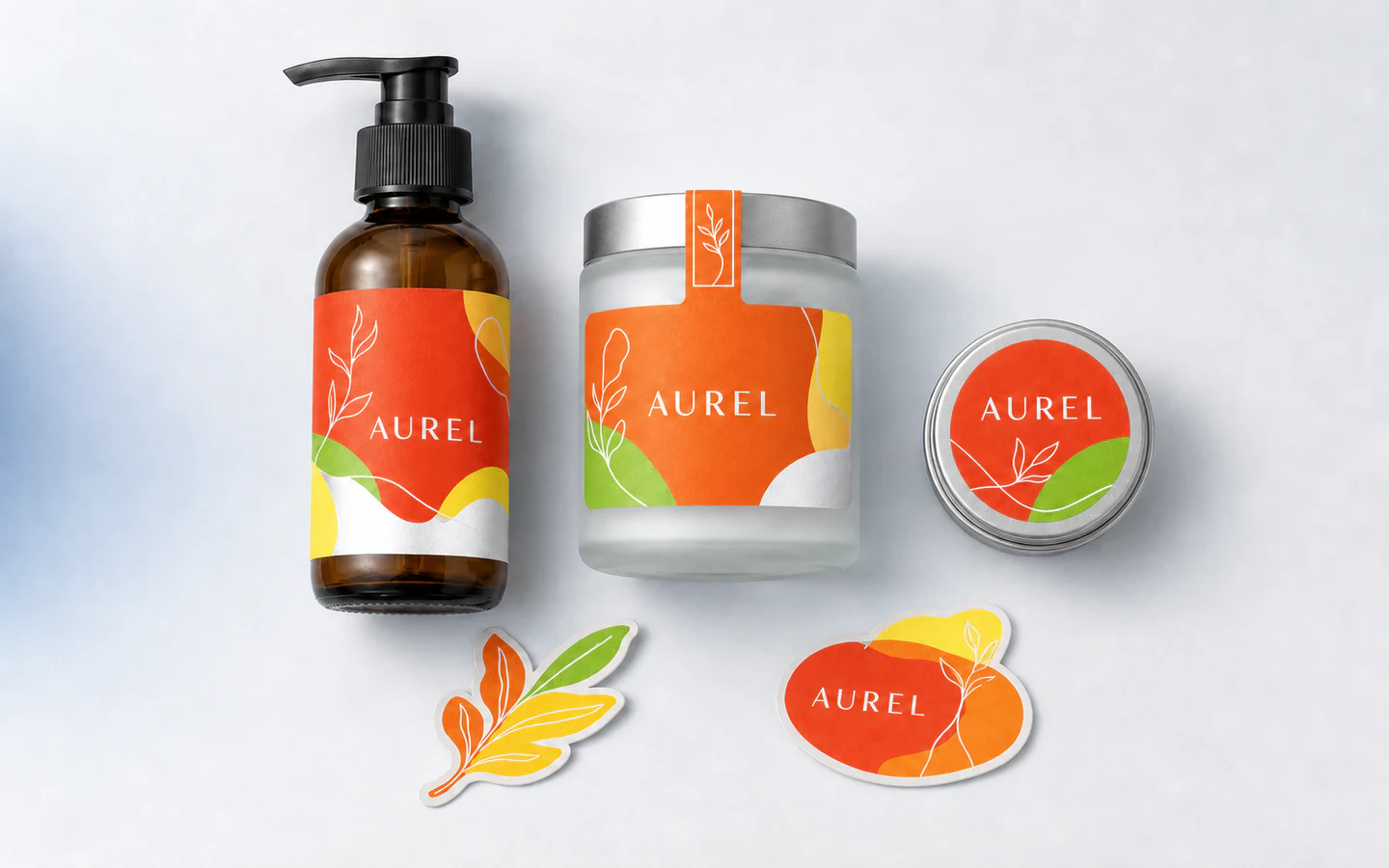 AUREL custom labels and stickers arranged in an overhead product set