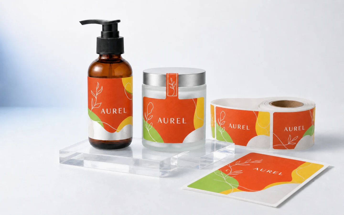 Coordinated custom label system shown on bottles, jars, sheets, and rolls