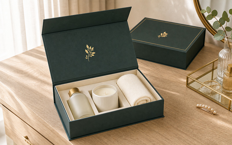 Open sage green magnetic lock box with fitted skincare insert