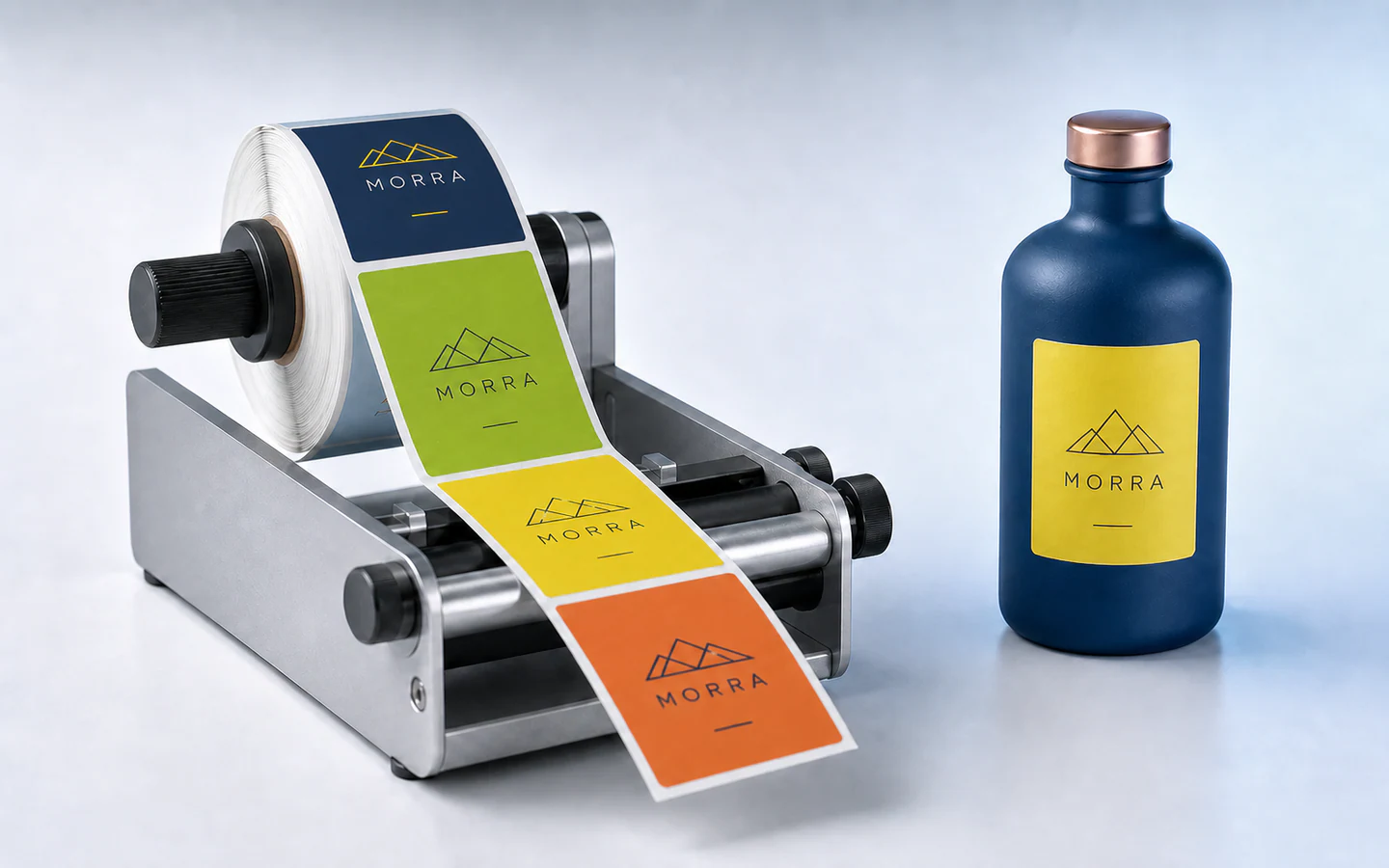 Custom roll labels feeding through a compact tabletop label dispenser