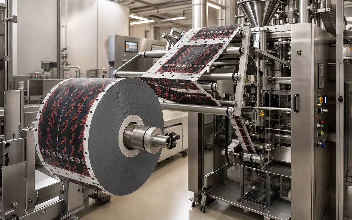 Printed rollstock film feeding through guide rollers on a vertical form-fill-seal packaging machine