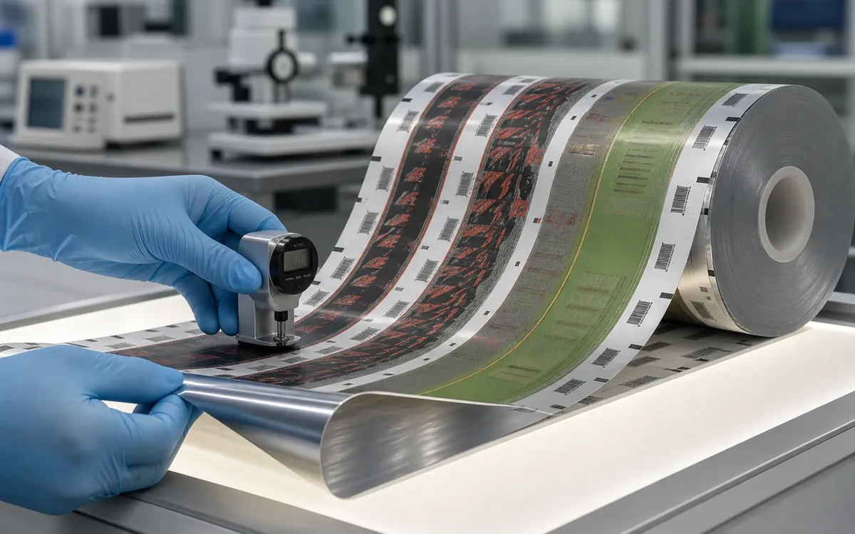 Technician inspecting printed laminated rollstock film and its reflective barrier layer