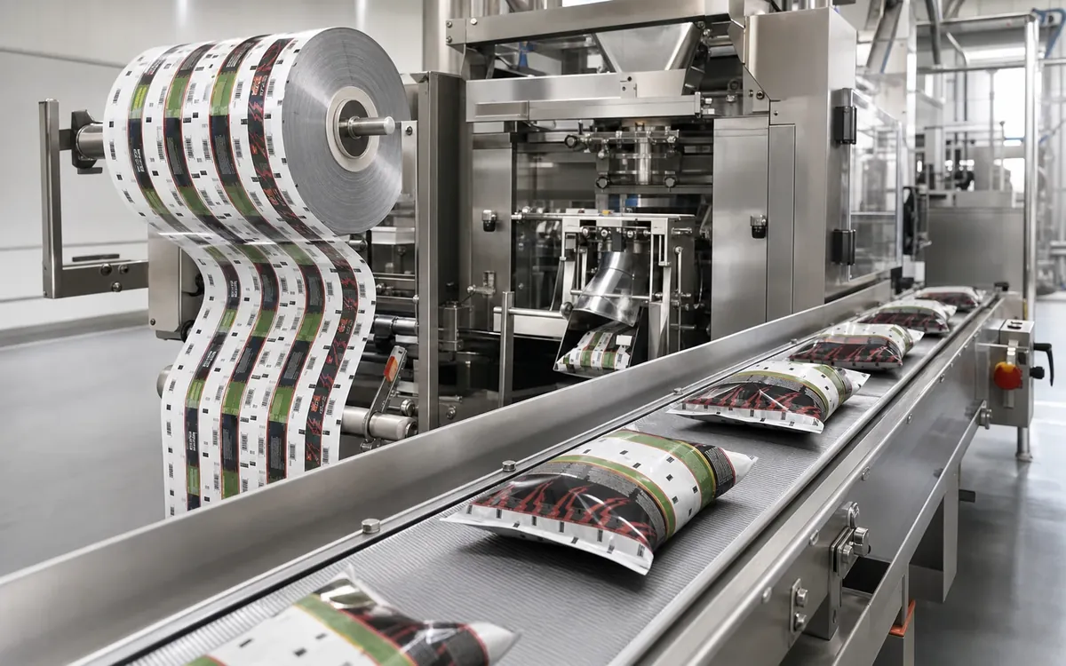 Printed rollstock film converted into finished pillow packs on an automated packaging line