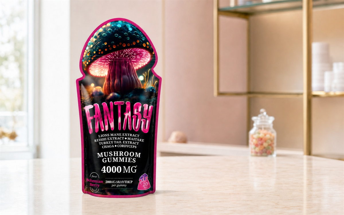 Pink mushroom-shaped stand-up pouch displayed on a specialty retail shelf