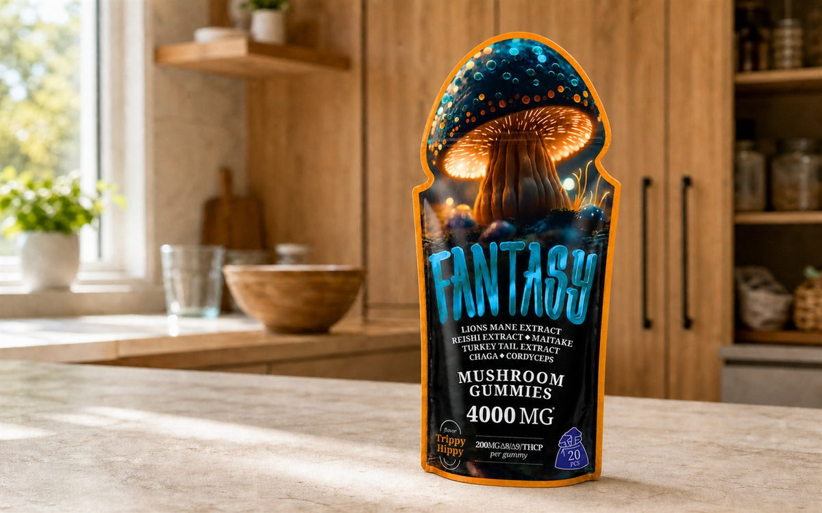 Orange mushroom-shaped stand-up pouch on a real kitchen countertop