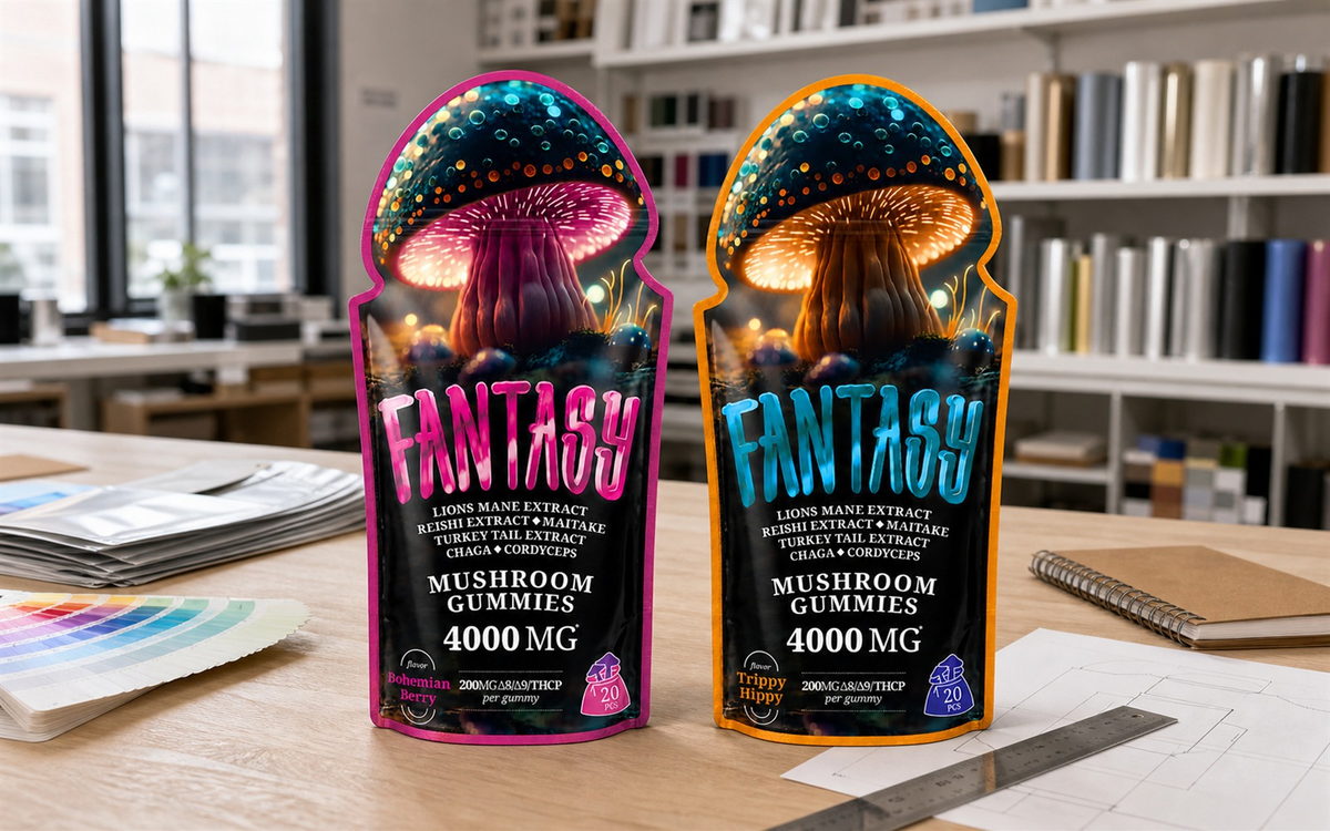 Two custom mushroom-shaped pouches on a packaging development worktable