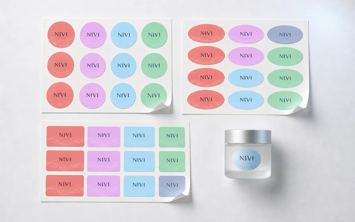 NIVI round, oval, and rectangular sheet labels organized by shape