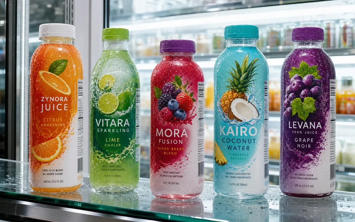 Full-body shrink sleeve beverage bottles displayed in a refrigerated retail case