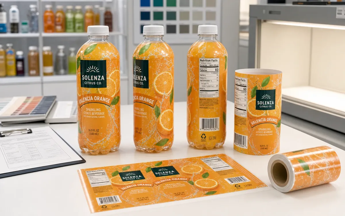 Shrink sleeve beverage packaging reviewed from front, side, and back at a quality-inspection station