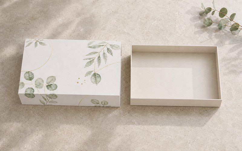 Printed outer sleeve paired with a structured chipboard inner tray
