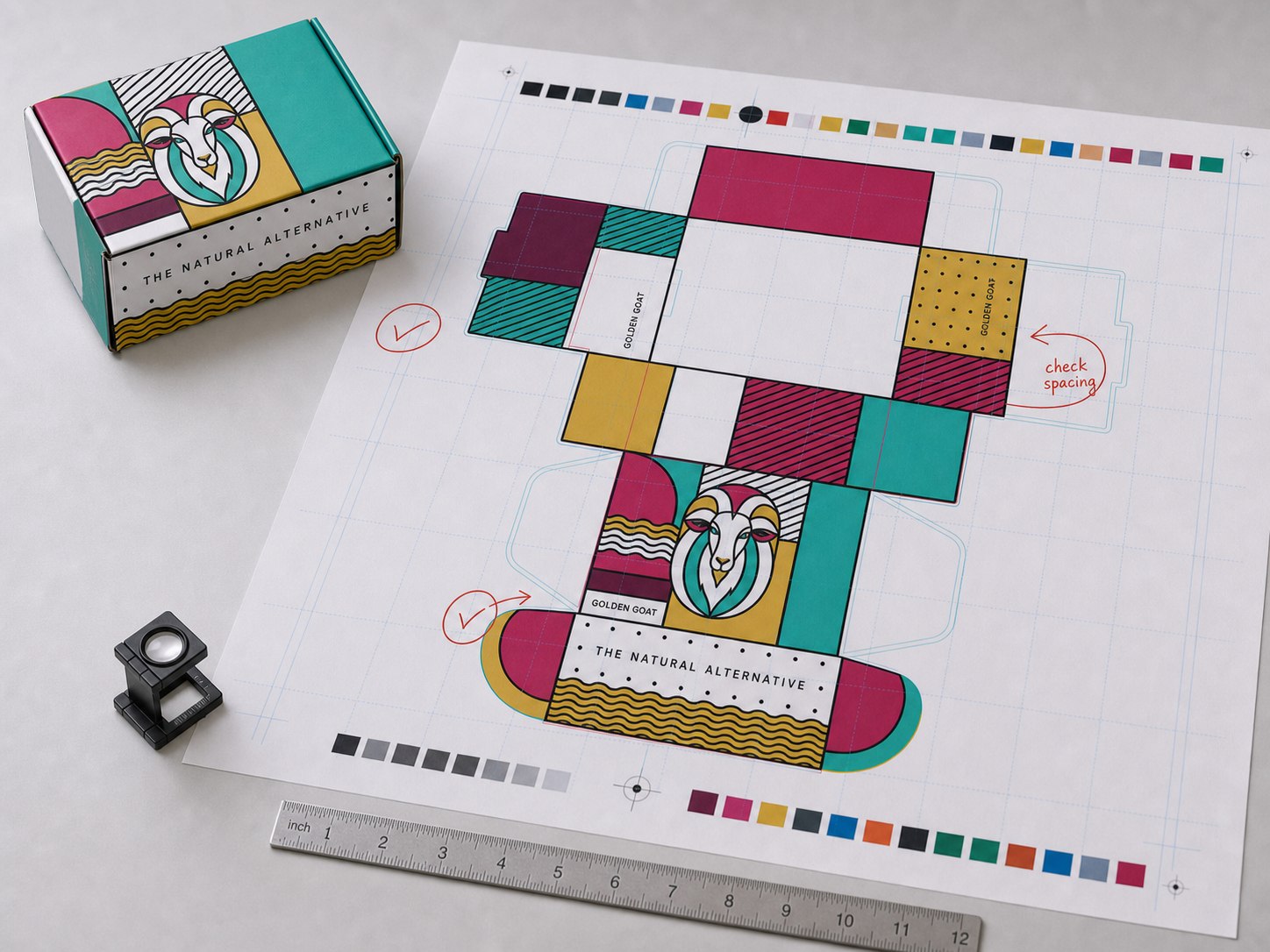 Golden Goat carton proof sheet with color bars, registration marks, correction notes, ruler, loupe, and folded box sample for pre-production review