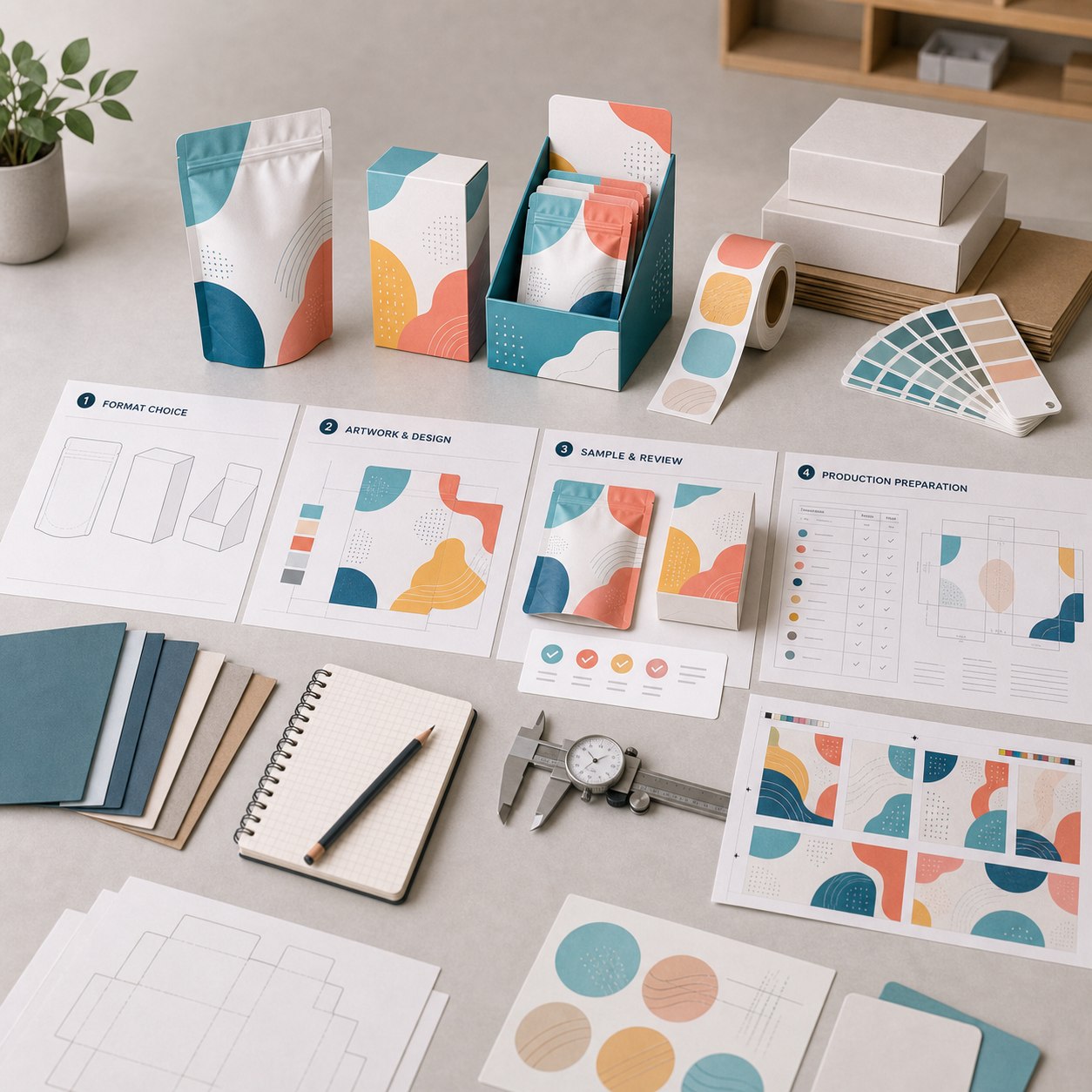 Packaging samples, artwork proofs, dielines, labels, and sample review materials arranged as a project workflow